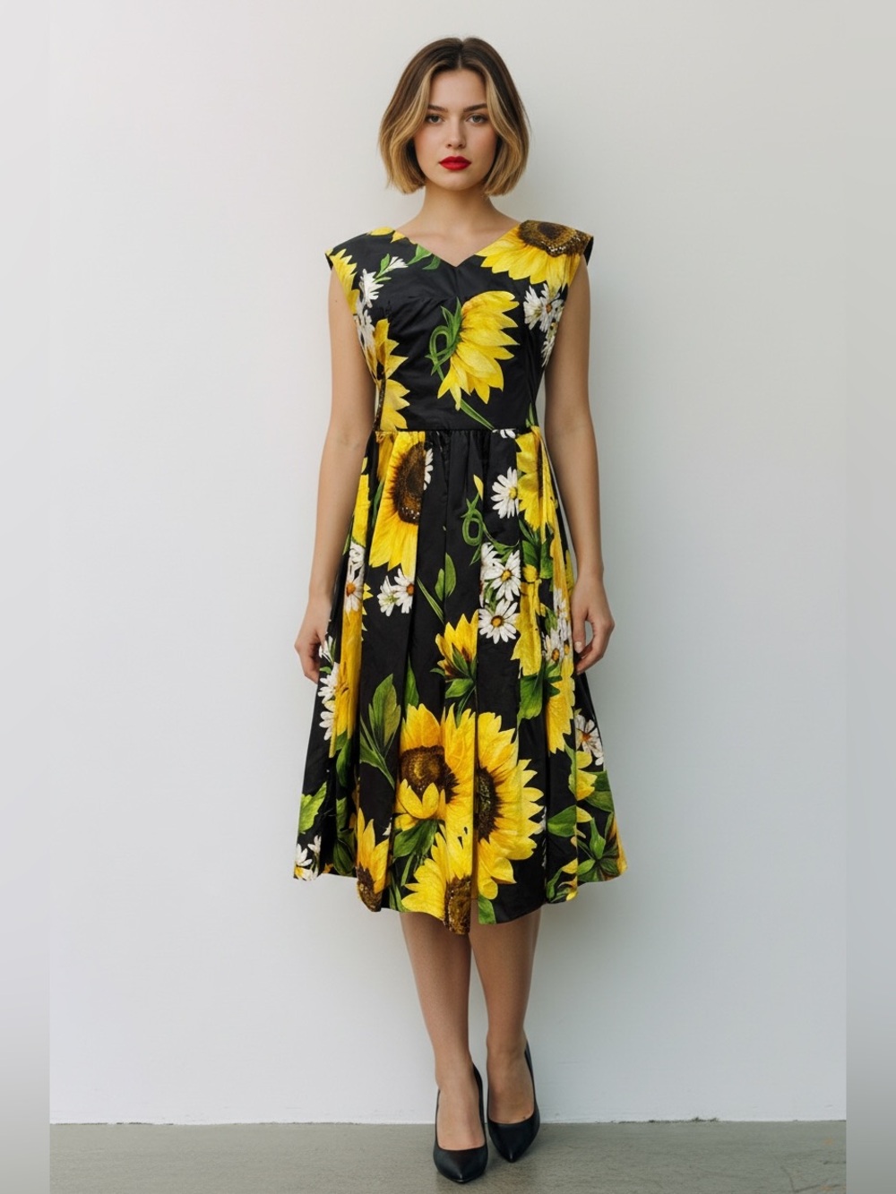 Dolce & Gabbana Black Sunflower Print Midi Dress